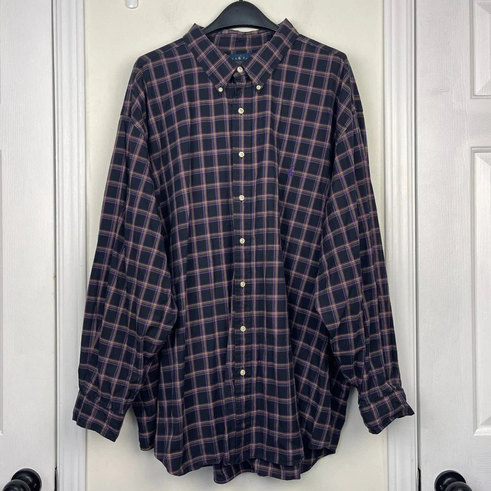 Polo Ralph Lauren Blake Mens 4XB BIG Cotton Black Purple Plaid Long Sleeve Shirt